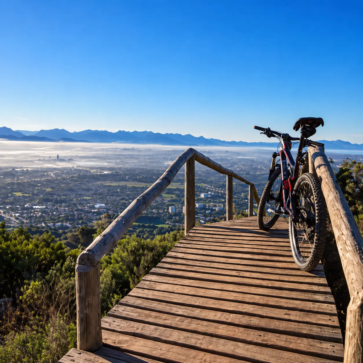 Mountain bike at a scenic wooden viewpoint overlooking Cape Town’s valleys and distant mountain ranges.