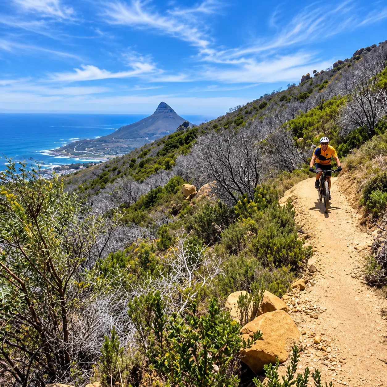 Mountain biker riding a rugged single-track trail above the Atlantic coast with dramatic mountain and ocean views in Cape Town