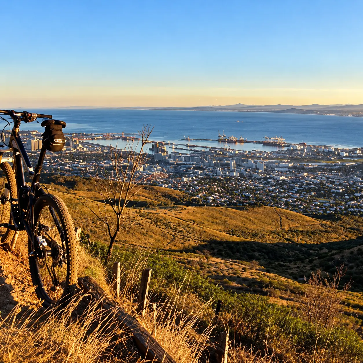 Mountain bike overlooking Cape Town, the harbour and Atlantic Ocean from a scenic mountain trail at golden hour.