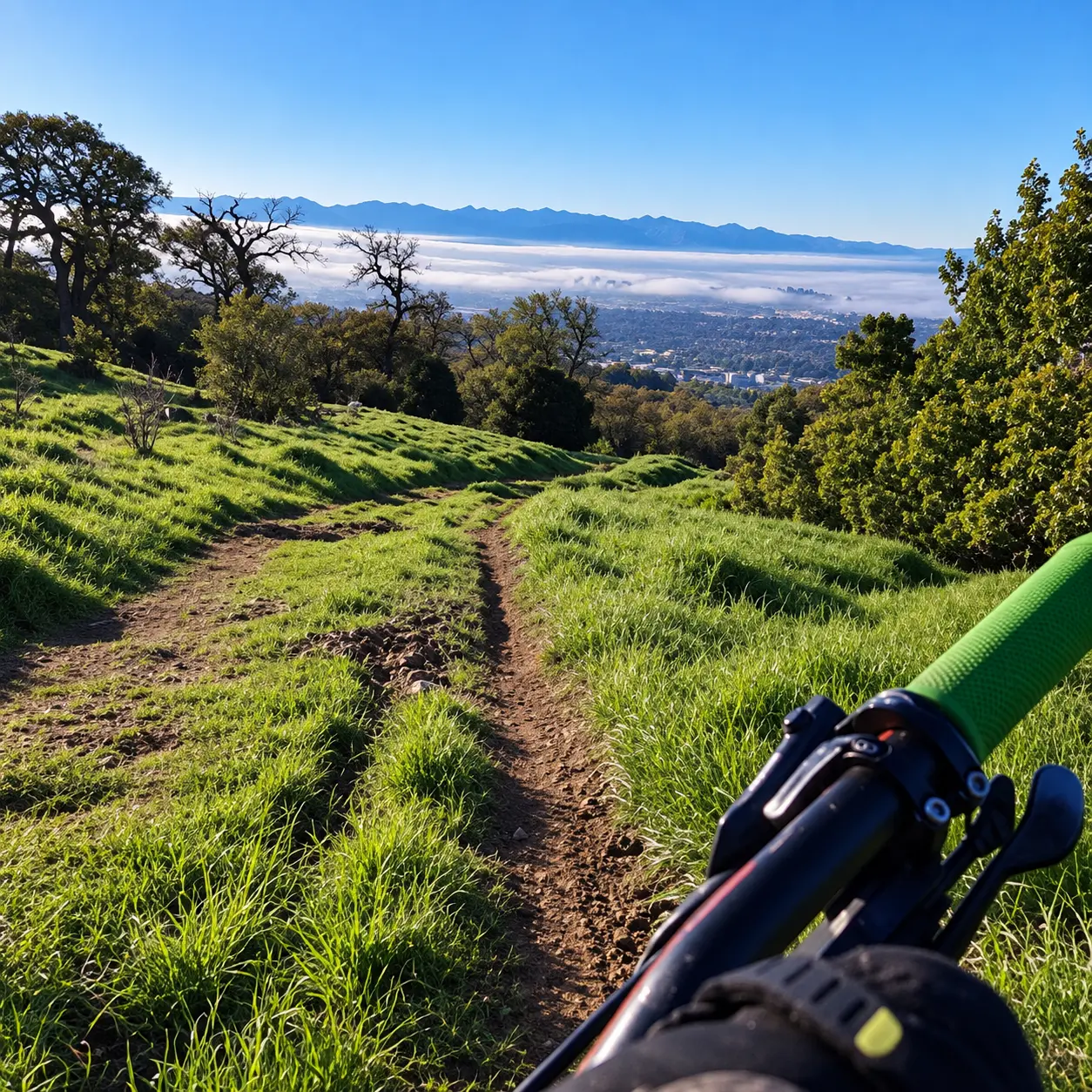 Mountain biking single-track trail through green hills with panoramic valley and mountain views.