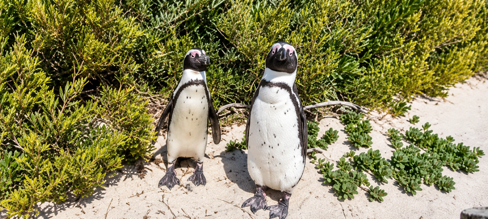 African penguins on a sandy beach surrounded by coastal vegetation during a Cape cycling tour.