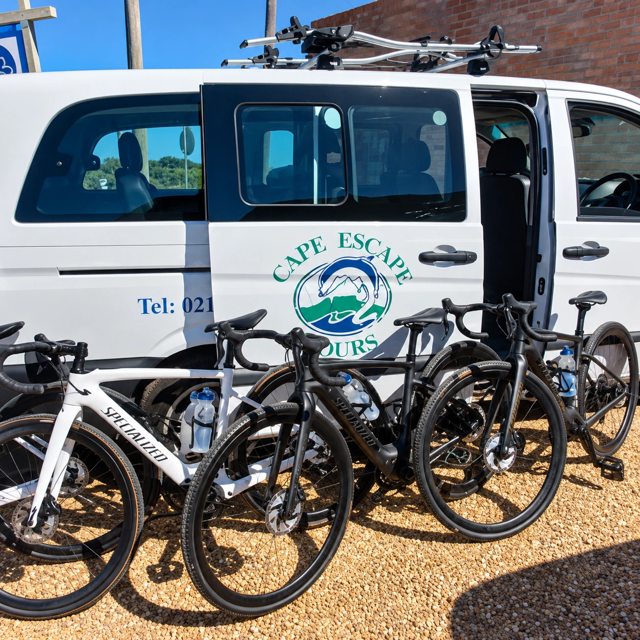 Touring and gravel bikes lined up beside a Cape Escape Tours support vehicle ready for a guided cycling tour.