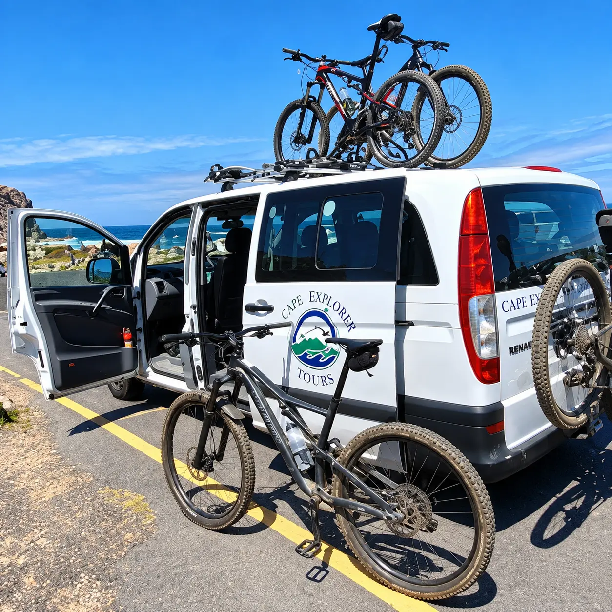 Mountain bikes with a cycling tour support vehicle beside a scenic coastal road on the Cape Peninsula.