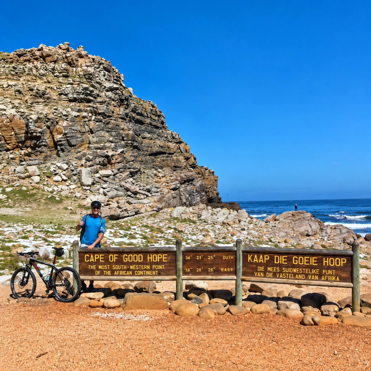 Cyclist with mountain bike at the Cape of Good Hope sign during a Cape Peninsula cycling tour.