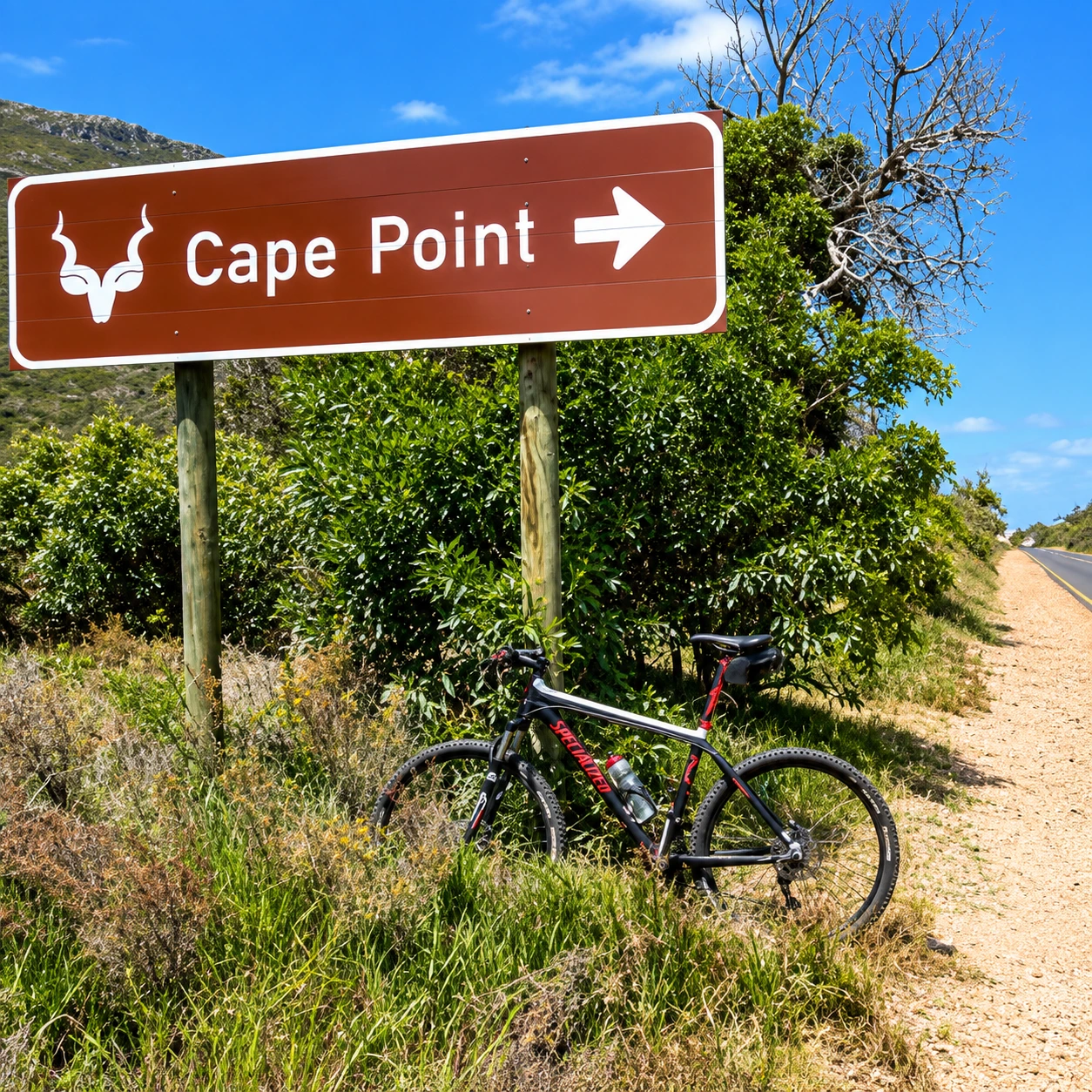 Mountain bike beside a Cape Point road sign on a scenic Cape Peninsula cycling route.