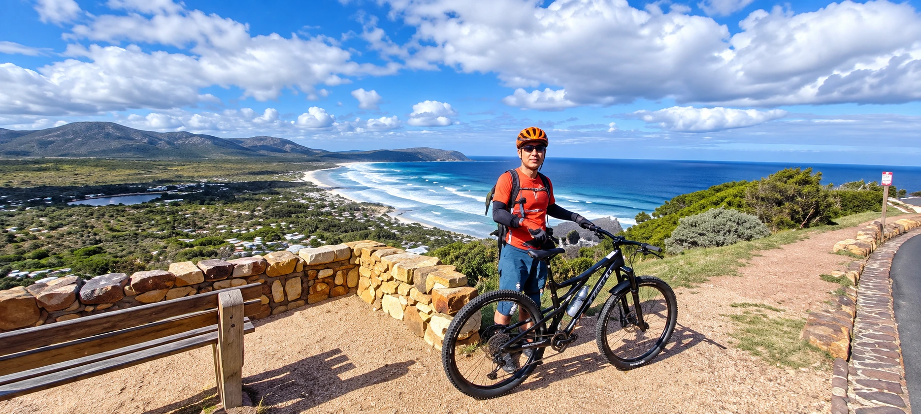 Cyclist with mountain bike overlooking a scenic coastline during a guided cycling tour.