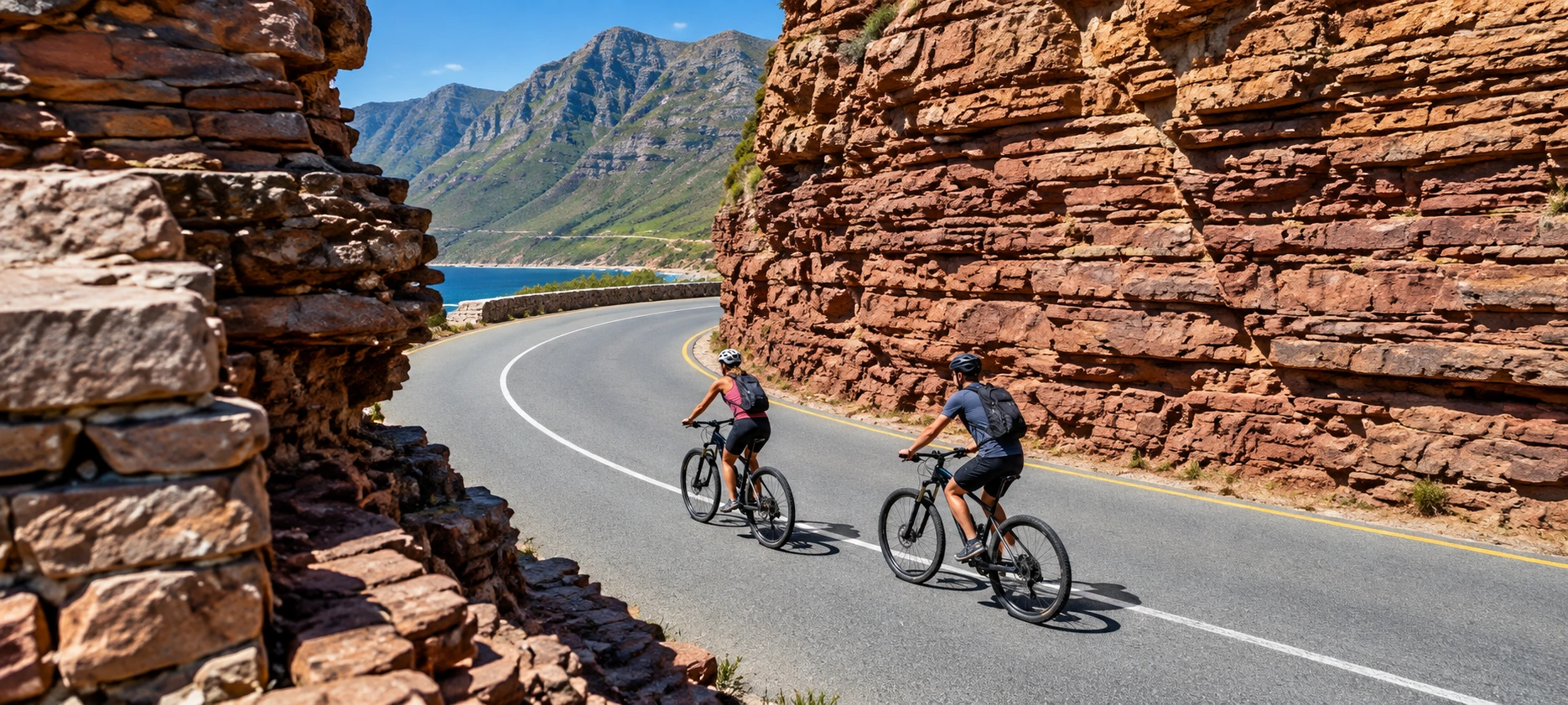 Two cyclists riding mountain bikes along a scenic coastal road between dramatic red rock cliffs. Cape Peninsula Cape Town.