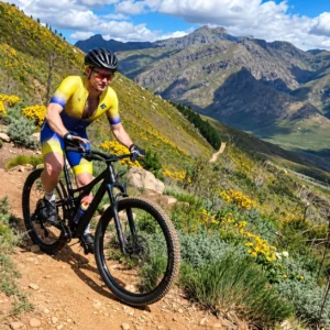 Mountain biker riding a rocky singletrack trail through yellow wildflowers with dramatic mountain views in the Cape Winelands.