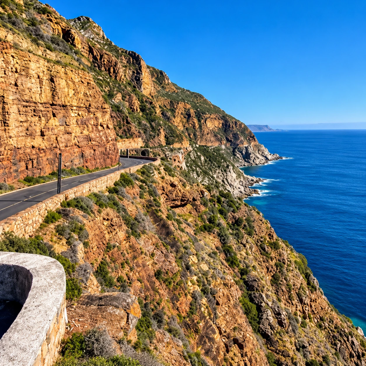 Dramatic coastal road winding along steep cliffs above the blue Atlantic Ocean on the Cape Peninsula near Cape Town.