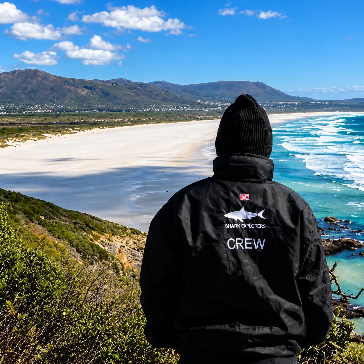 Tour crew member overlooking a sweeping white-sand beach, turquoise ocean and mountains on the Cape Peninsula near Cape Town.
