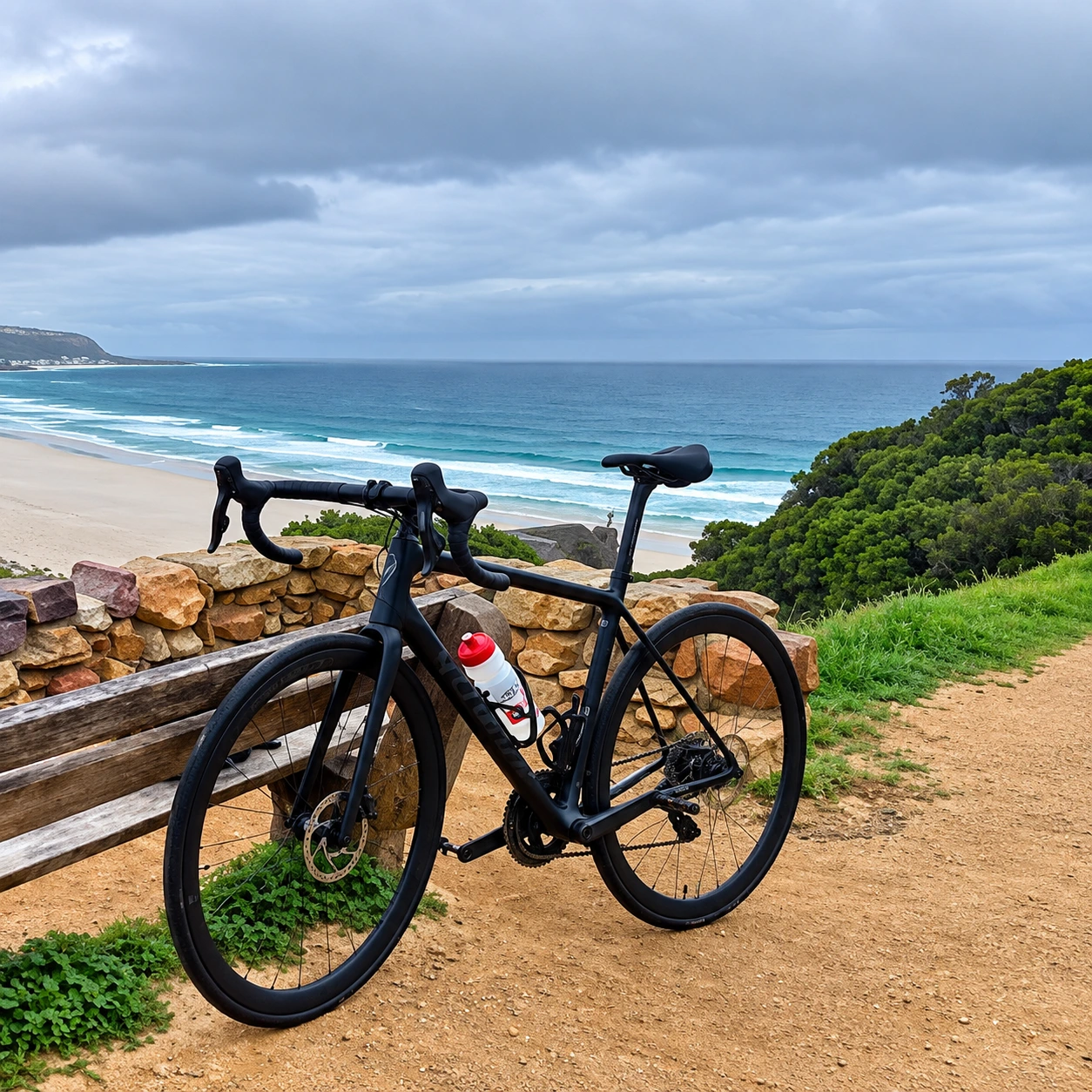 Black road bicycle at a scenic Cape Peninsula viewpoint overlooking a sandy beach and turquoise Atlantic Ocean near Cape Town.