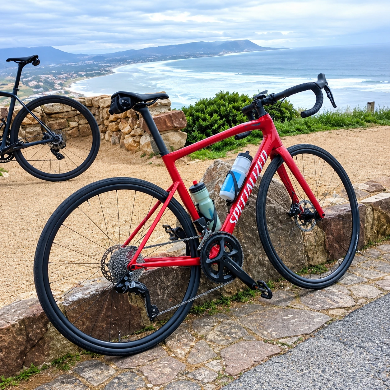 Red road bicycle at a scenic coastal viewpoint overlooking the ocean and mountains on the Cape Peninsula near Cape Town.